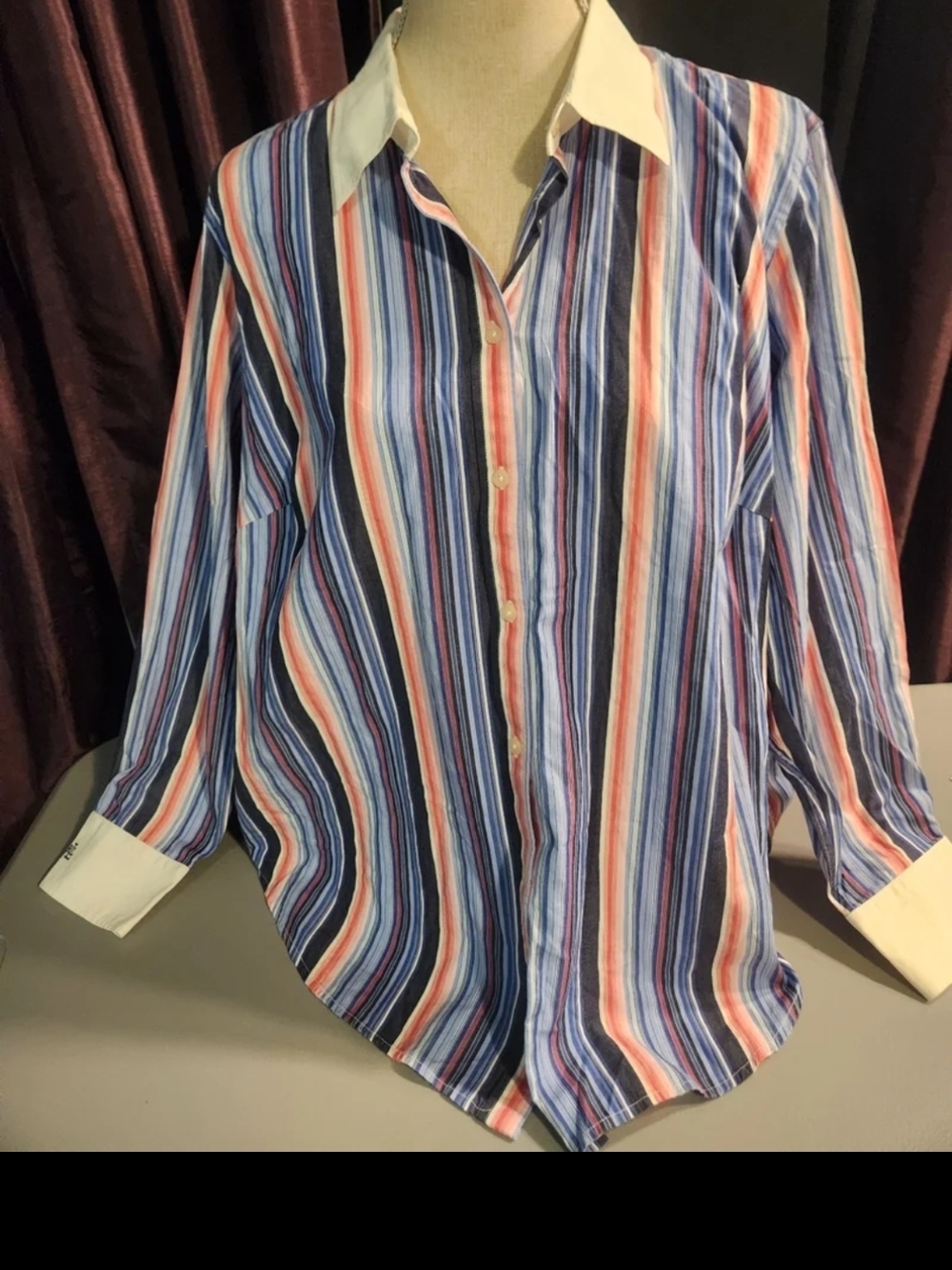 Colorful Multi-Stripe "Power" Blouse with Sharp White Collar 1x Quiet Money